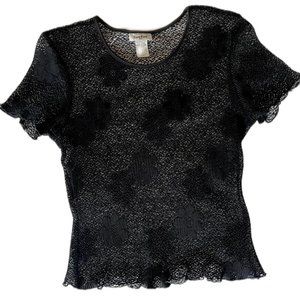 90s Sun Fire Black Fishnet Top with Daisy Embroidery throughout